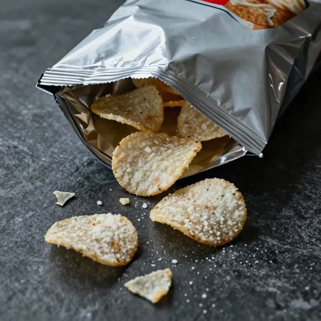 Clear tangy crisps bag tipping on wet stone with chips scattering in a diagonal arc