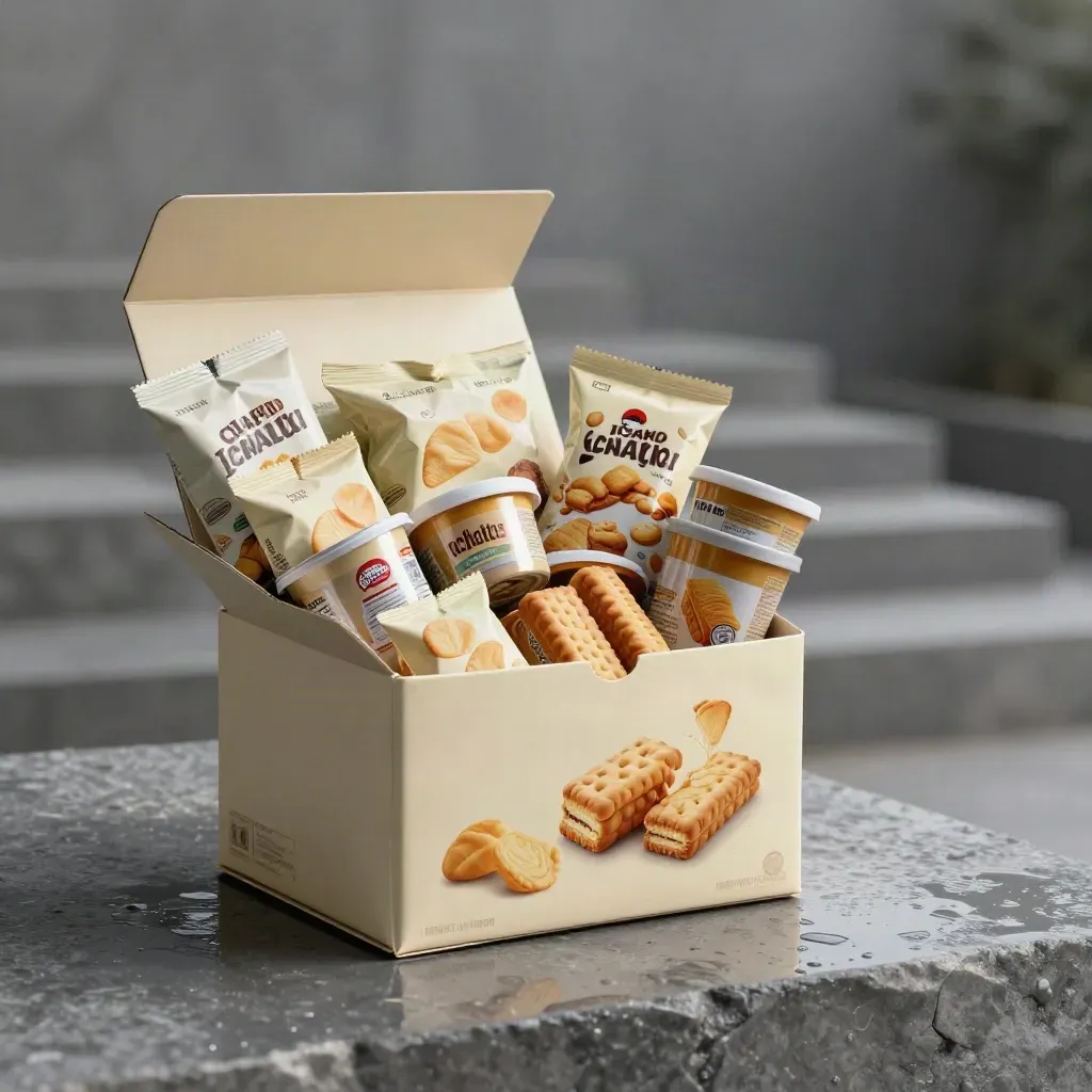 Open family snack box with assorted snacks, drinks and biscuits on wet cream stone, dramatic studio light.