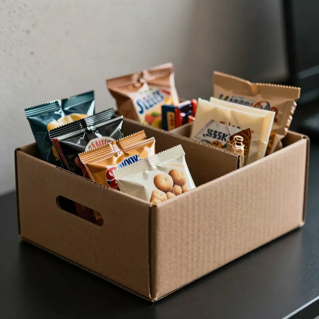 Open office snack crate filled with mixed snack packets on a dark studio surface.