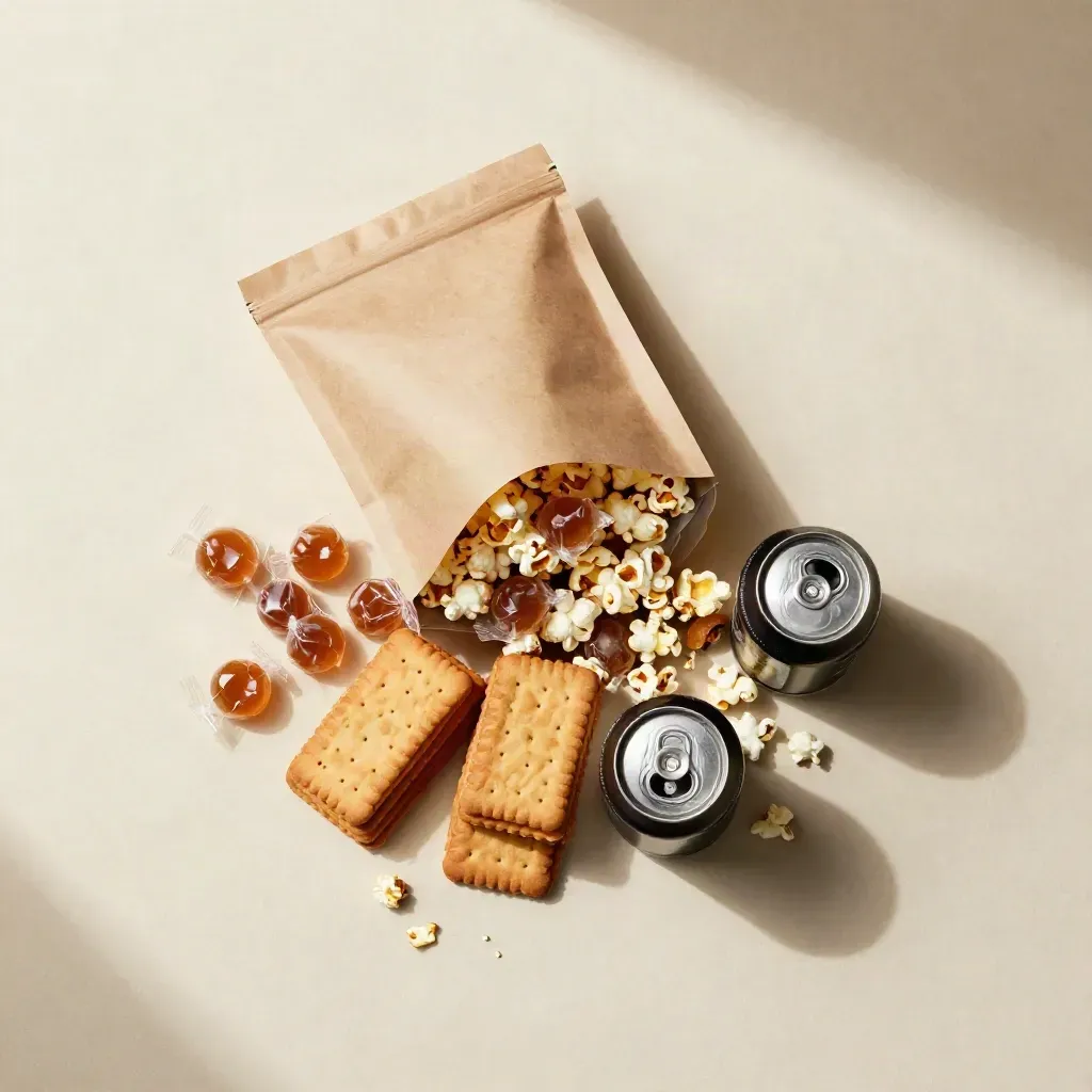 Overhead snack bundle with popcorn, sweets, biscuit bars and cola cans on cream plaster.