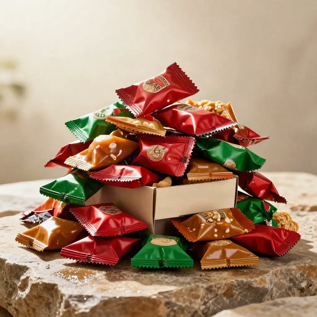 Towering mixed snack bundle on warm stone with red, caramel and green packs