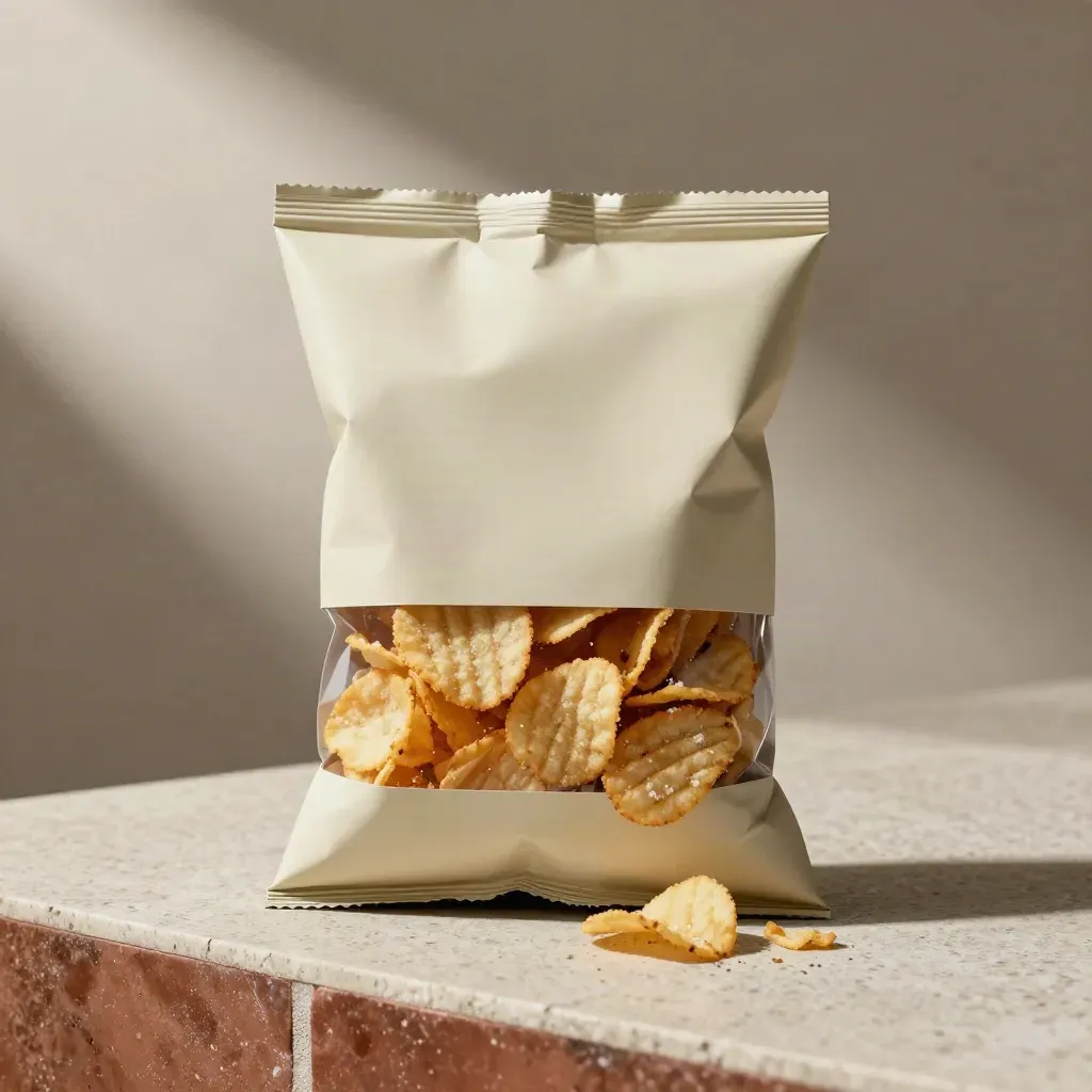 Macro hero of an unlabelled salted crisps mega pack with shards on pale travertine.