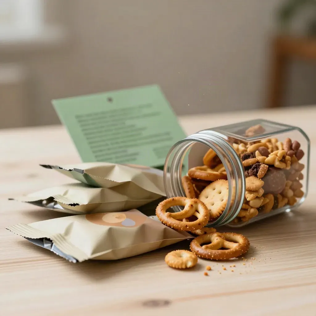 Snack pouches and a clear tub of crackers and sweets fanned on pale wood