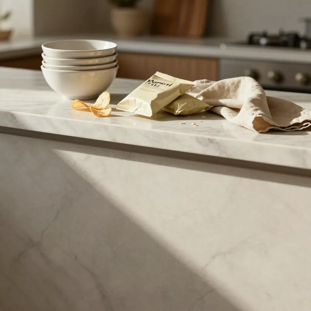 Sunlit marble ledge with pale bowls and crisp packets in a calm kitchen setting.