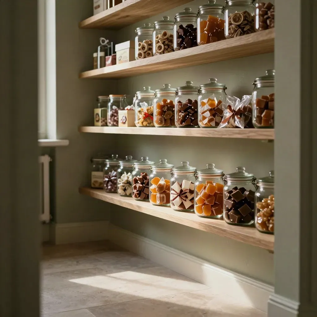 Sunlit pantry shelves with sweets jars and snack boxes above a calm plaster floor